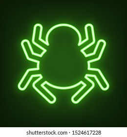 Spider sign illustration. Green neon icon in the dark. Blurred lightening. Illustration.