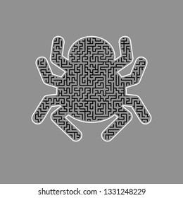 Spider sign illustration. Vector. Black maze filled icon with white border at gray background.