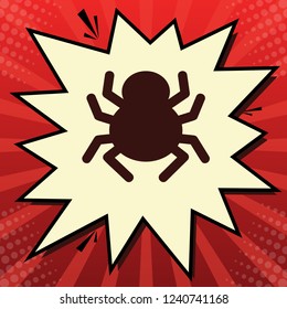 Spider sign illustration. Vector. Dark red icon in lemon chiffon shutter bubble at red popart background with rays.