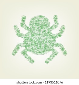 Spider sign illustration. Vector. Green hexagon rastered icon and noised opacity and size at light green background with central light.