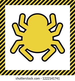 Spider sign illustration. Vector. Warm yellow icon with black contour in frame named as under construction at white background. Isolated.