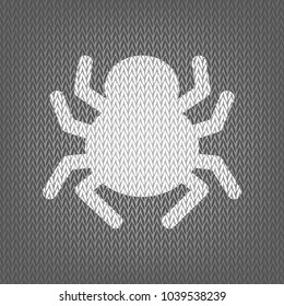 Spider sign illustration. Vector. White knitted icon on gray knitted background. Isolated.
