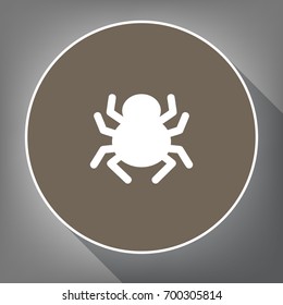 Spider sign illustration. Vector. White icon on brown circle with white contour and long shadow at gray background. Like top view on postament.