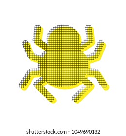 Spider sign illustration. Vector. Yellow icon with square pattern duplicate at white background. Isolated.
