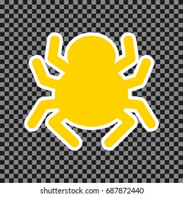 Spider sign illustration. Vector. Yellow icon with white contour on dark transparent background.