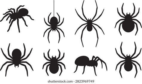 Spider silhouette collection with black crawling poses for halloween decorations and design projects