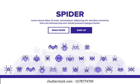 Spider Silhouette Landing Web Page Header Banner Template Vector. Danger Poison Arachnid Spider Concept Linear Pictograms. Creepy And Spooky Animal Insect Wildlife Illustration