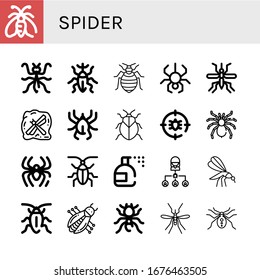 spider simple icons set. Contains such icons as Moth, Mantis, Weevil, Bed bug, Spider, Mosquito, Insect, Acari, Stink bug, Anti bug, Tarantula, can be used for web, mobile and logo