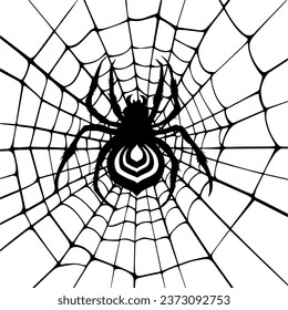 Spider sits on a web. Vector black silhouette of a spider and web on a white background. Square illustration.