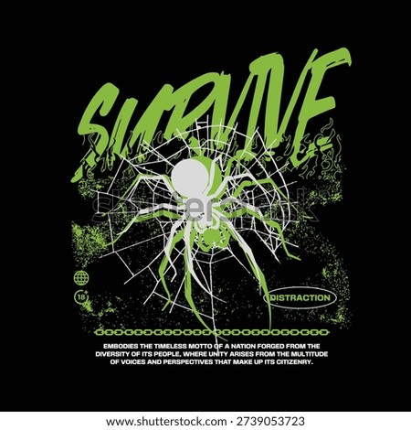 A spider sits on its web with the word 'SURVIVE' above, conveying a message of resilience.