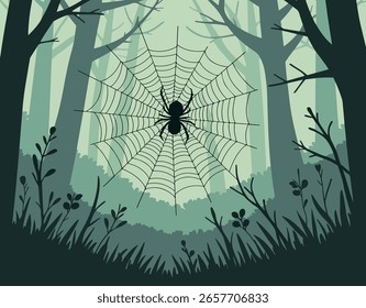 Uma aranha senta-se em sua teia, girada entre árvores em uma densa floresta verde. A cena é silhuetada e misteriosa.
