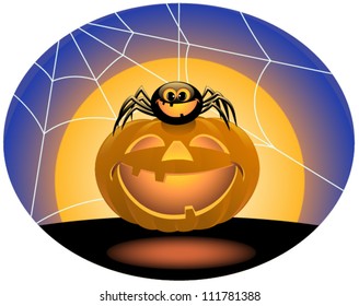 Spider sitting on Jack O ' Lantern on a background of the moon