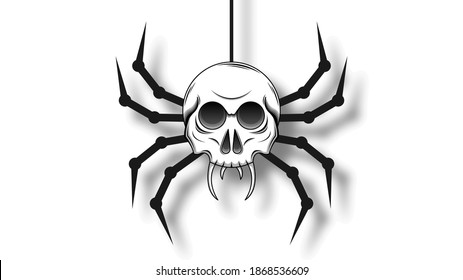 Spider Skull On White Background. Halloween Design Elements. Spooky Scary Horror Decor Vector.