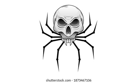 Spider Skull On White Background. Halloween Design Elements. Spooky Scary Horror Decor Vector.