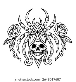 crânio de aranha e flor de rosa ornamento.preto e branco velho estilo tatuagem ilustração