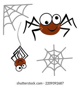 Spider and spiderweb. Hand drawn vector illustration in doodle style, isolated on a white background.