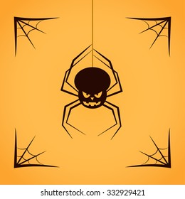 Spider with spiderweb isolated on yellow background. Halloween Vector Flat Icon