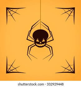 Spider with spiderweb isolated on yellow background. Halloween Vector Flat Icon