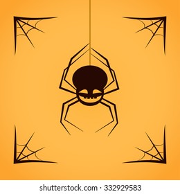 Spider with spiderweb isolated on yellow background. Halloween Vector Flat Icon