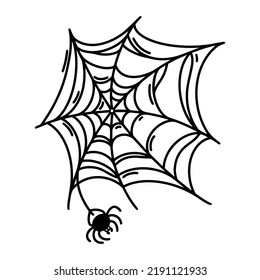 Spider spinning a web vector icon. The arachnid sits on a crooked sticky cobweb. Outline, simple sketch isolated on white. Gossamer doodle. Illustration for Halloween decor, holiday cards, logo 