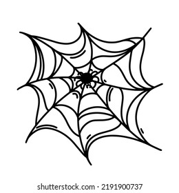 Spider girando un icono de vector web. El arácnido se encuentra en el centro de la cobarde pegajosa. Contorno, esbozo simple aislado en blanco. Cotilleos viejos. Ilustración de la decoración de Halloween, tarjetas de vacaciones