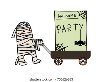 a spider spinning webs and the word welcome party on the board which is on a cart, that is shoved by mummy. vector illustration.