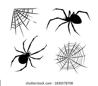 Spider stickers. Spider silhouettes. Halloween. Spiderweb silhouettes spiderweb stickers. Vector set. Black poisonous spider karakurt and spiderweb isolated on white background.