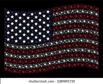 Spider symbols are organized into waving United States flag stylization on a dark background. Vector composition of USA state flag is organized from spider items.