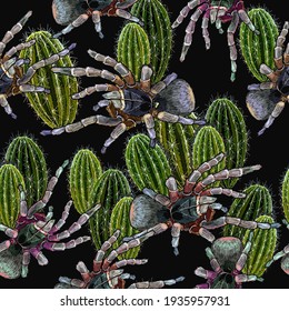 Spider tarantula and cactus seamless pattern. Embroidery mexican ethnic style. Template for clothes, textiles, t-shirt design 