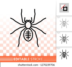 Spider thin line icon. Outline web sign of insect. Tarantula linear pictogram with different stroke width. Simple vector symbol, transparent background. Toxic bug editable stroke icon without fill