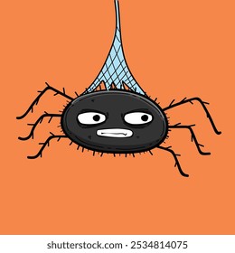 Toon aranha com design de ilustração vetor web isolado em fundo laranja, aranha preta bonito com grandes olhos e boca pendurada na teia de aranha, decoração halloween