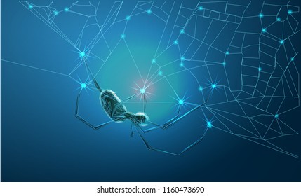 Spider and torn web. Scary spiderweb of halloween symbol. Banner. Low poly vector illustration of a starry sky or Comos. 