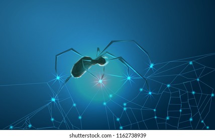 Spider and torn web. Scary spiderweb of halloween symbol. Banner. Low poly vector illustration of a starry sky or Comos. 