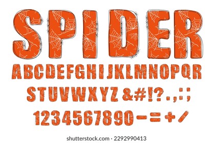 Spider trendy alphabet. Hand drawn doodle font with cobweb pattern  and spiders. Modern Uppercase letters, numbers and punctuation marks. For poster, banner, T shirt. Halloween vector illustration