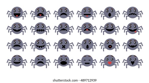 Spider vector 24 icons set, Emotion Variation. Flat style design elements. Set of silhouette spooky horror images of spiders. Scary facial expressions Illustration.