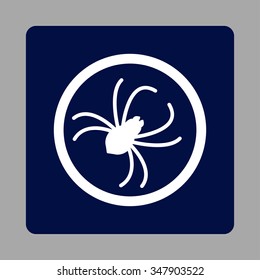 Spider vector icon. Style is flat rounded square button, white and dark blue colors, silver background.