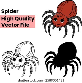 Spider Vector Illustration - Cute Cartoon Spider in Color, Black and White, and Silhouette