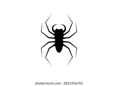 Spider vector illustration. Emblem featuring a black minimalist silhouette of an aggressive arachnid with an elongated body, angular legs, and prominent curved pedipalps, Halloween and horror symbol, spooky insect icon, and seasonal event badge isolated on white background.
