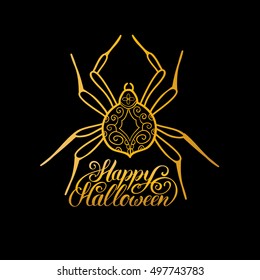 Spider vector illustration with Happy Halloween lettering. All Saints' Eve background. Festive logo design.