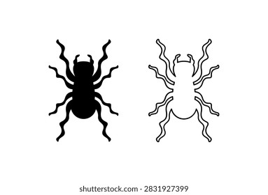 Spider vector illustration. Set of two minimalist emblems featuring a creepy arachnid silhouette with wavy zigzag legs and prominent chelicerae in solid black and outline styles, Halloween and horror symbol, spooky insect icon, and seasonal event badge isolated on white background.
