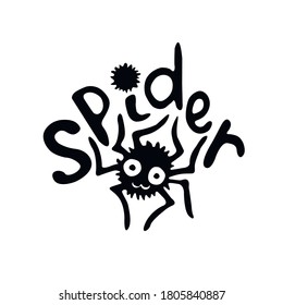 Spider - letras vectoriales e ilustración. Elemento de diseño para Halloween, invitación de fiesta, tarjeta de saludo, plantilla de etiqueta adhesiva o insignia