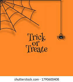 Spider weave a web in the corner of orange background. Halloween vector card illustration in paper cut style. Cute baby spider hanging on the web cut out of cardboard
