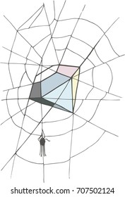 A spider weaves from a spider's web a precious stone