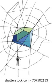 A spider weaves from a spider's web a precious stone