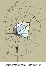 A spider weaves from a spider's web a precious stone