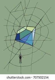 A spider weaves from a spider's web a precious stone