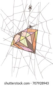 
A spider weaves from a spider's web a precious stone

