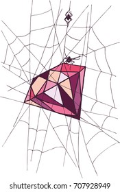 
A spider weaves from a spider's web a precious stone
