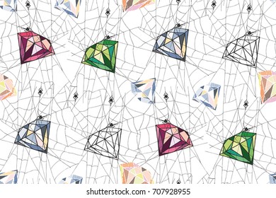 
A spider weaves from a spider's web a precious stone
