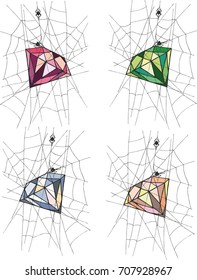 
A spider weaves from a spider's web a precious stone
